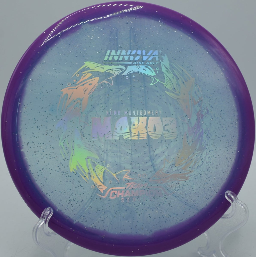 Innova Metalflake Halo Champion Mako3 2026 Tour Series resting on the tee at Idlewild Disc Golf Course in Burlington, Kentucky, ideal for straight tunnel shots and technical disc golf lines