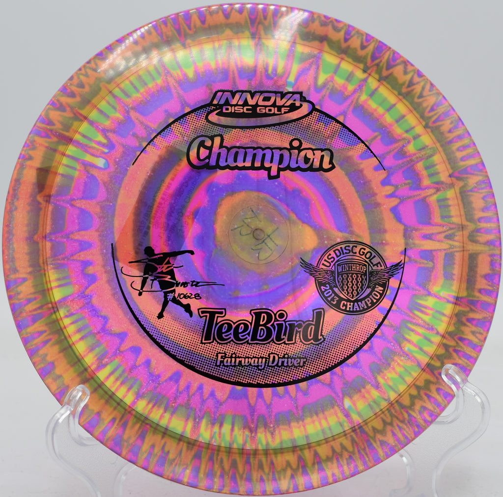 Innova TeeBird parked near the basket after a precise backhand at SeaTac Disc Golf Course in Washington

