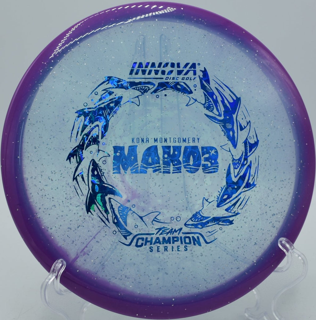 Metalflake Halo Champion Mako3 Kona Montgomery edition showcased at Harmony Bends Disc Golf Course in Columbia, Missouri, engineered for precise midrange control and effortless glide
