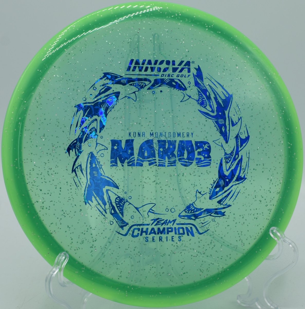Innova Metalflake Halo Champion Mako3 displayed at Eagles Crossing Disc Golf Course in Hawk Point, Missouri, trusted for straight-flying midrange drives and dependable landing zones