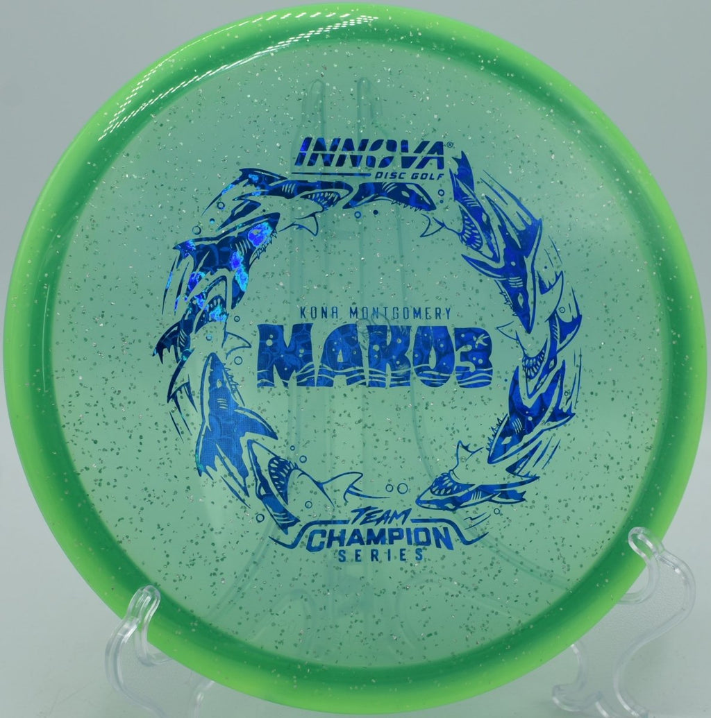 Innova Metalflake Halo Champion Mako3 displayed at Eagles Crossing Disc Golf Course in Hawk Point, Missouri, trusted for straight-flying midrange drives and dependable landing zones