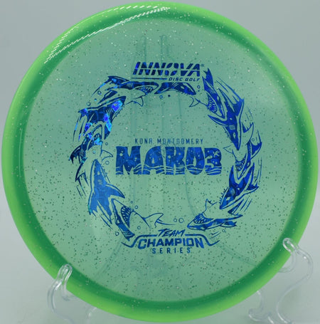 Innova Metalflake Halo Champion Mako3 displayed at Eagles Crossing Disc Golf Course in Hawk Point, Missouri, trusted for straight-flying midrange drives and dependable landing zones