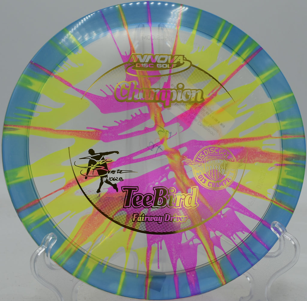 Innova TeeBird gliding down a wooded slope at Harmon Hills in Fall Branch, Tennessee

