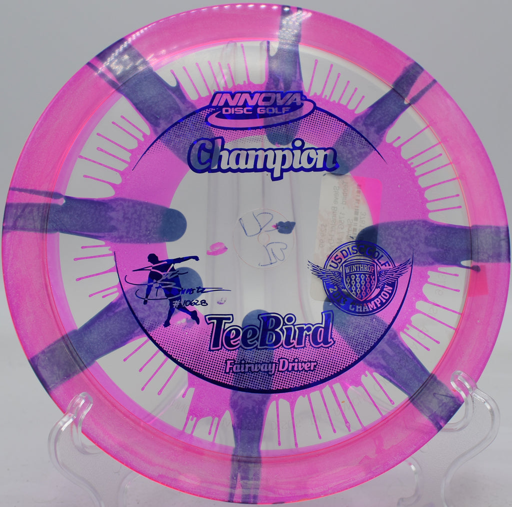 Champion TeeBird fading gently toward the basket at Walnut Ridge DGC in Johnston, Iowa

