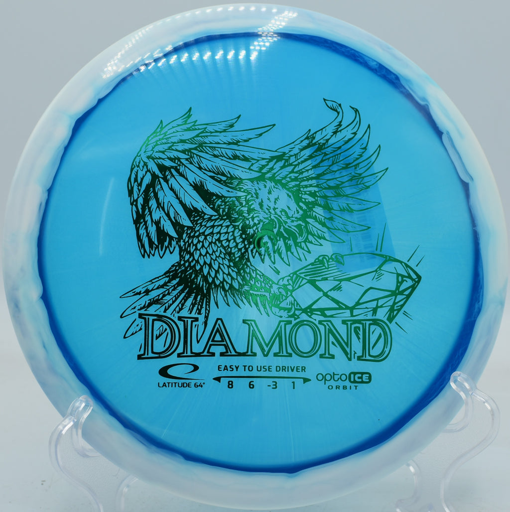 Close-up of an Opto Diamond with sparkling rim on the tee pad at Rocklin Disc Golf Course in California


