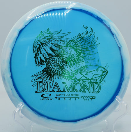 Close-up of an Opto Diamond with sparkling rim on the tee pad at Rocklin Disc Golf Course in California

