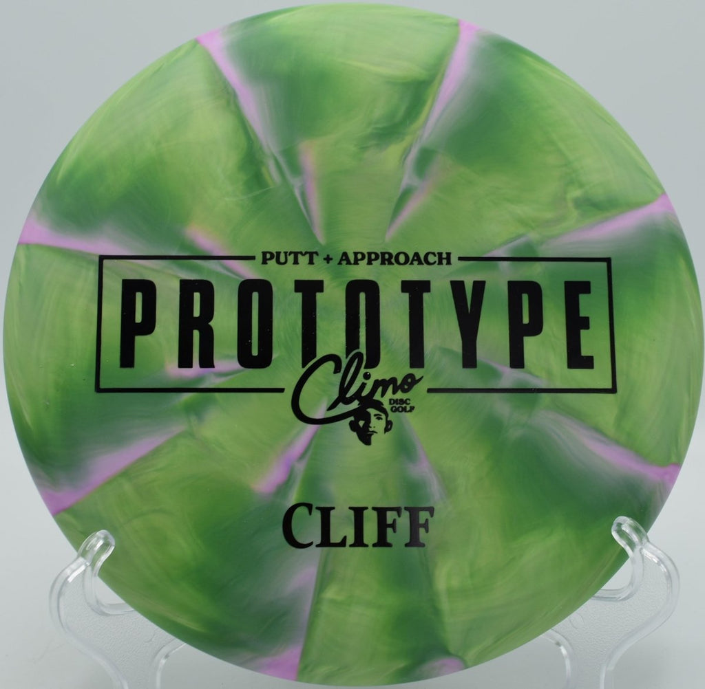 Climo Discs Prototype Trophy Line Cliff beadless putter on green at Maple Hill Disc Golf Course in Leicester, Massachusetts during circle putt