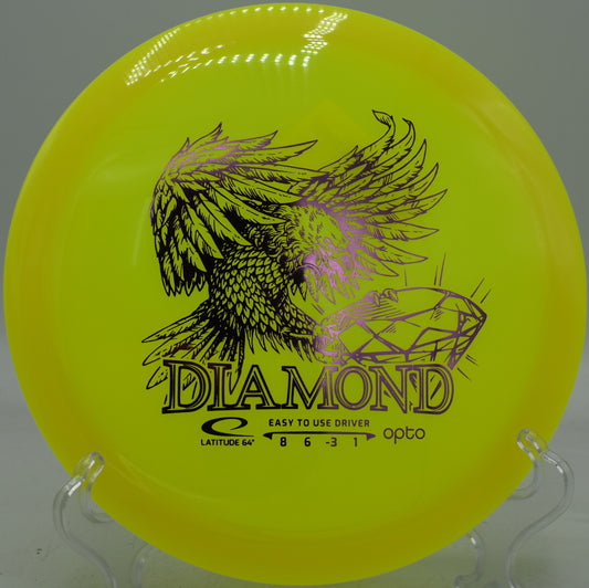 Opto Diamond floating nose-up toward the basket at Creekside Disc Golf Course in Salt Lake City, Utah

