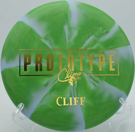 Prototype Cliff beadless putter gliding toward chains at Winthrop Arena Disc Golf Course in Rock Hill, South Carolina