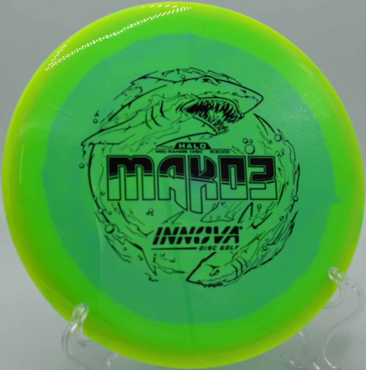 An Innova Halo Star Mako3 perfectly parked on hole 12’s island green at North Cove Disc Golf Course in Marion, North Carolina.