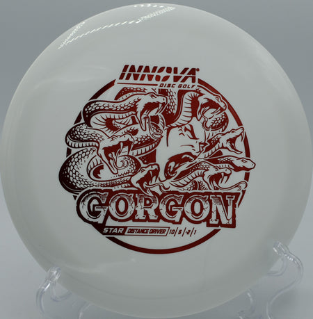 An Innova Star Gorgon settling near the basket after a long controlled flight at Oak Grove Disc Golf Course in Pasadena, California.