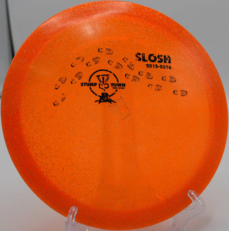 Metal Flake Champion Leopard gliding through a tight fairway on Hole 7 at Rollin Ridge Disc Golf Course, Reedsville, Wisconsin.