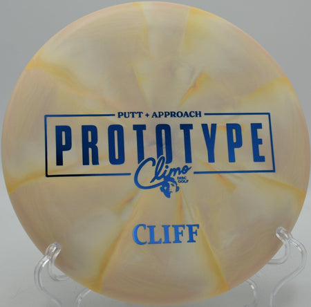 Prototype Trophy Line Cliff putter approaching basket at Branson Trails Disc Golf Course in Branson, Missouri
