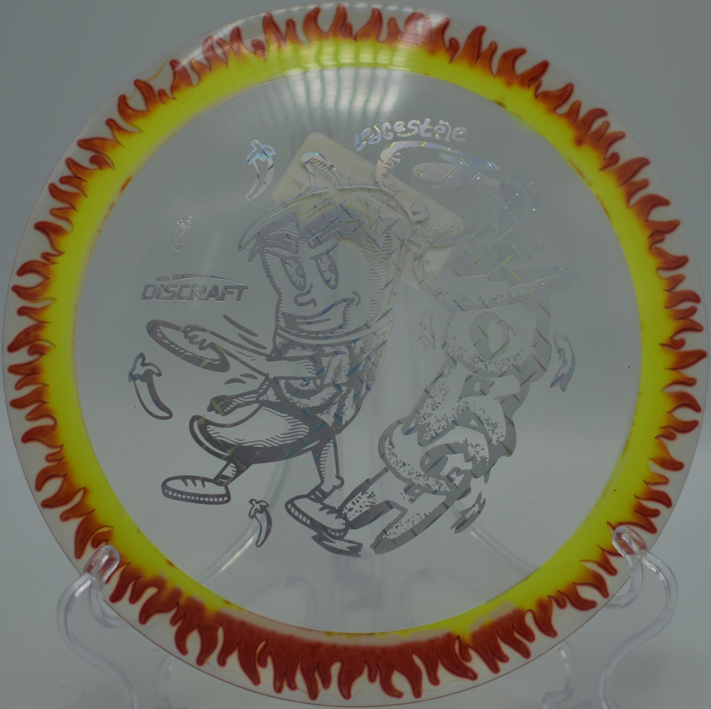 Discraft Fuzed Scorch bright swirl pattern blasting forehand line at Fountain Hills Disc Golf Course, AZ