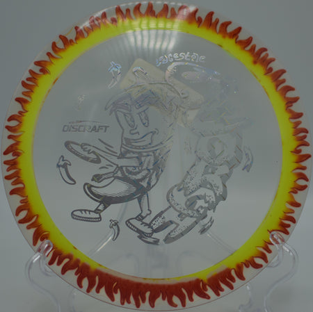 Discraft Fuzed Scorch bright swirl pattern blasting forehand line at Fountain Hills Disc Golf Course, AZ