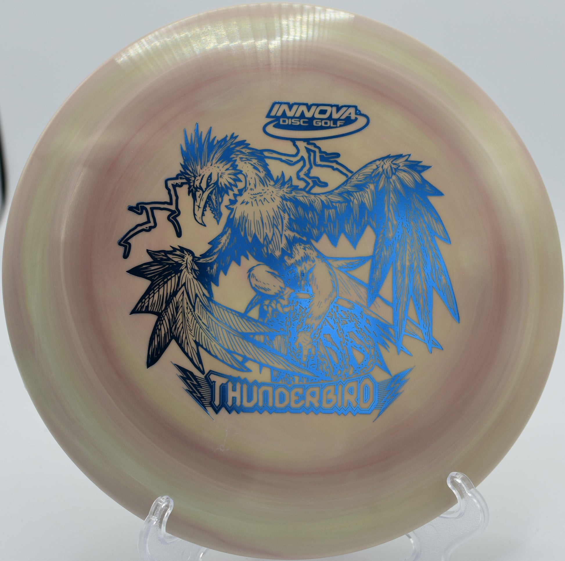 Innova Swirly Star Thunderbird fading perfectly toward the basket on Hole 12 at Diamond X Disc Golf Course, Billings, Montana.