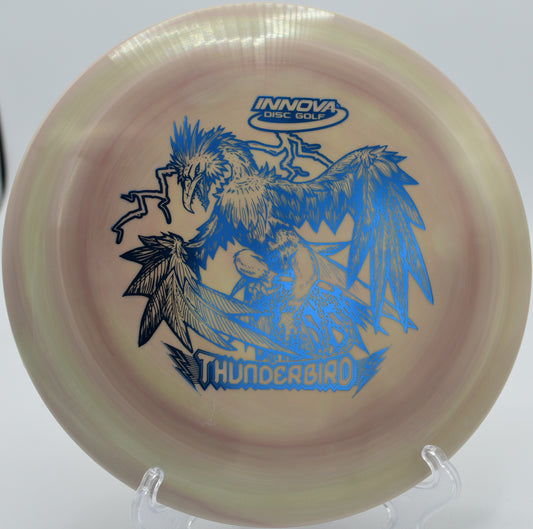 Innova Swirly Star Thunderbird fading perfectly toward the basket on Hole 12 at Diamond X Disc Golf Course, Billings, Montana.