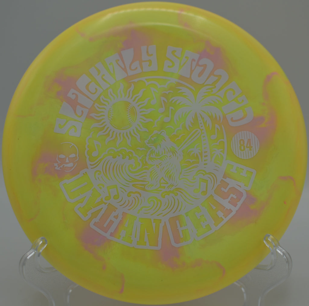 Discraft SF Luna Bear Stamp gliding toward basket under sunset at Blue Ribbon Pines, East Bethel MN