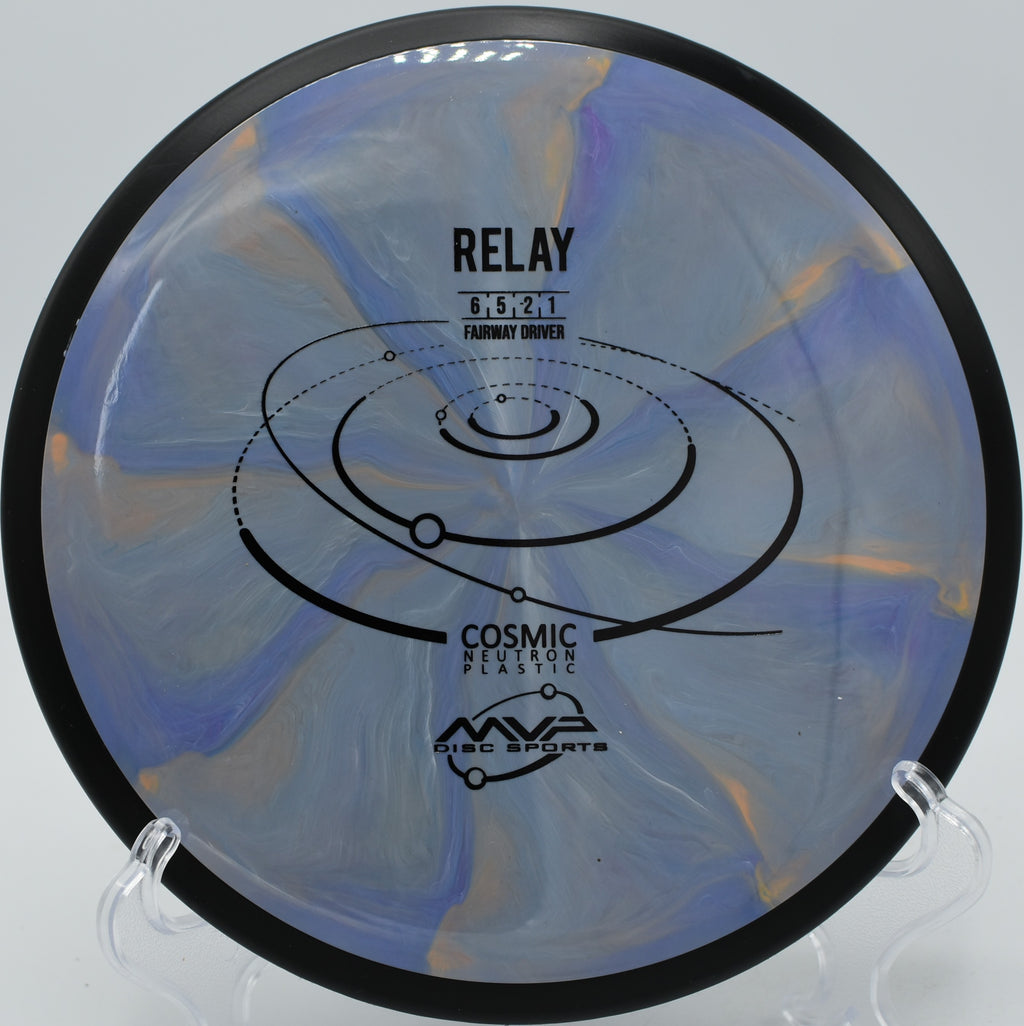 "MVP Cosmic Neutron Relay – Glidey and controllable fairway driver, perfect for finesse throws at Lake Marshall Disc Golf Complex in Virginia."
