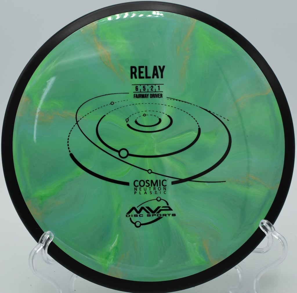 "MVP Cosmic Neutron Relay – Understable fairway driver for shaping tight lines and hyzer flips at Sabattus Disc Golf Course in Maine."
