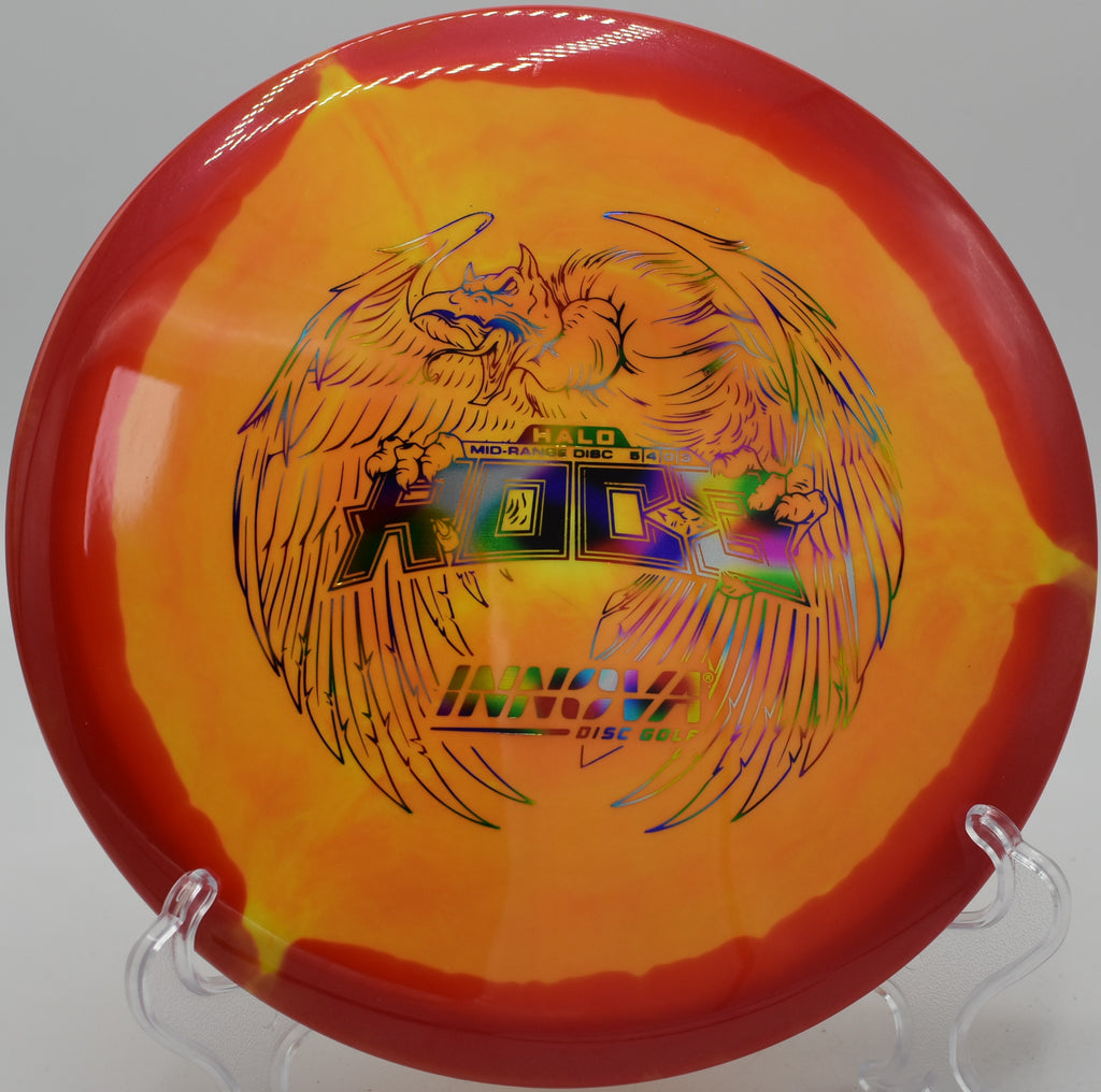 An Innova Halo Star Roc3 smoothly fading toward the basket at Little Africa Disc Golf Course in Cherokee, South Carolina.