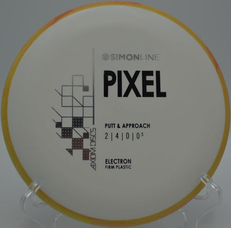 Electron Firm Pixel putter positioned for a short hyzer putt at Northwood Park Disc Golf Course in Morton, Illinois