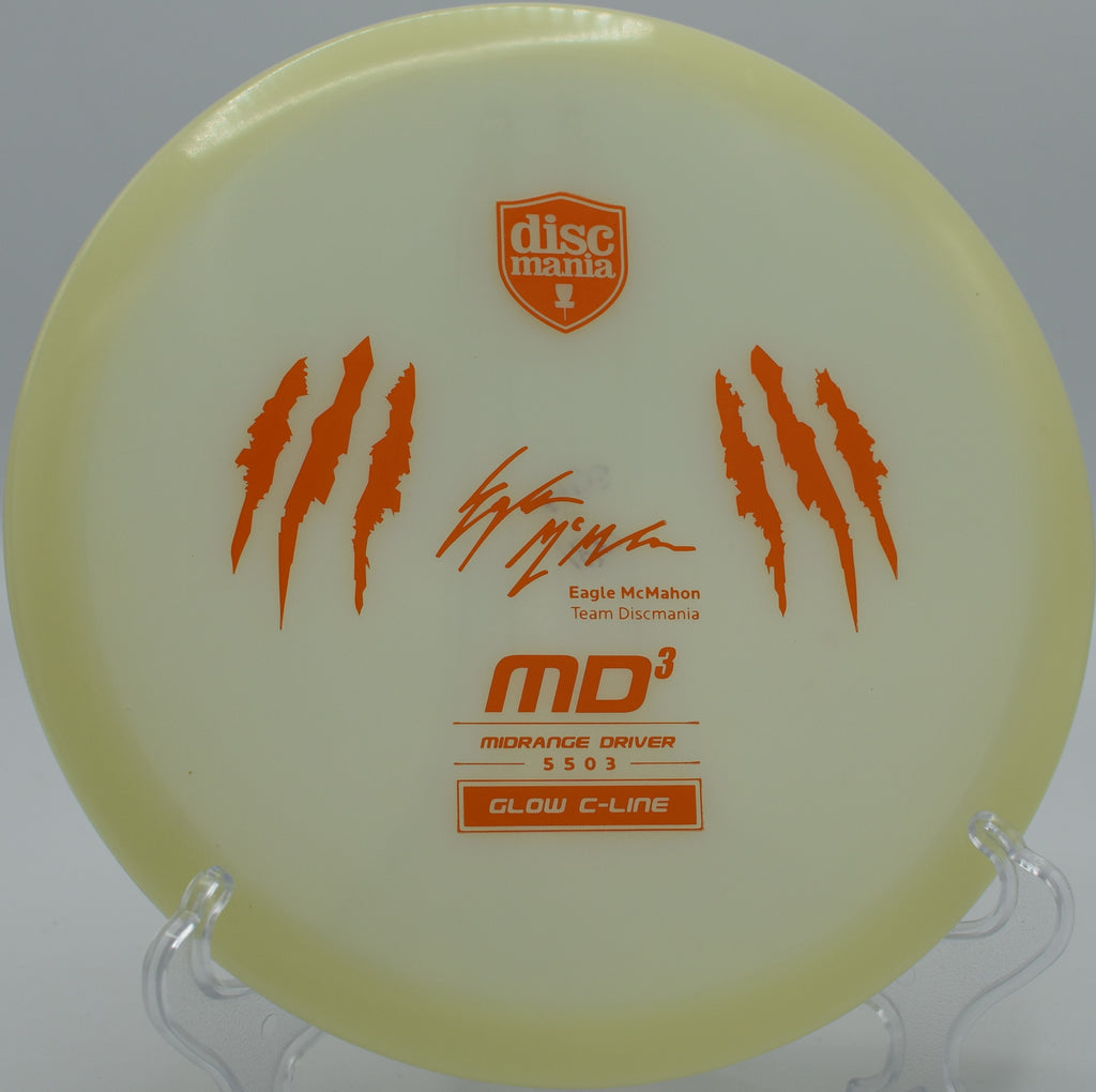 "Glow Claw MD3, a durable and grippy midrange designed for precision shots, now in stock at Flexline Discs in Sacramento, CA."
