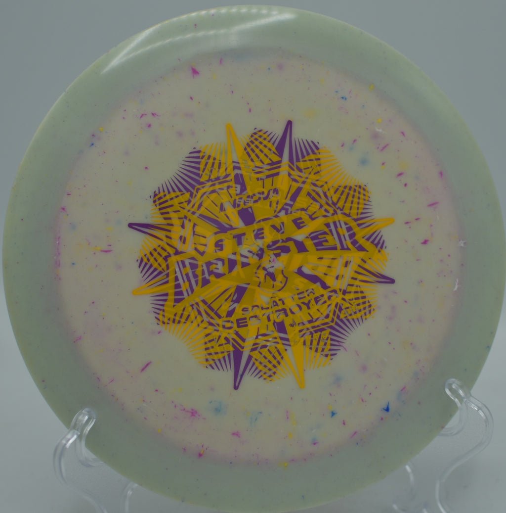 Splatter Star Destroyer Steve Brinster Innova overstable distance driver ripping power forehands at FDR State Park Disc Golf Course in Yorktown Heights, New York.