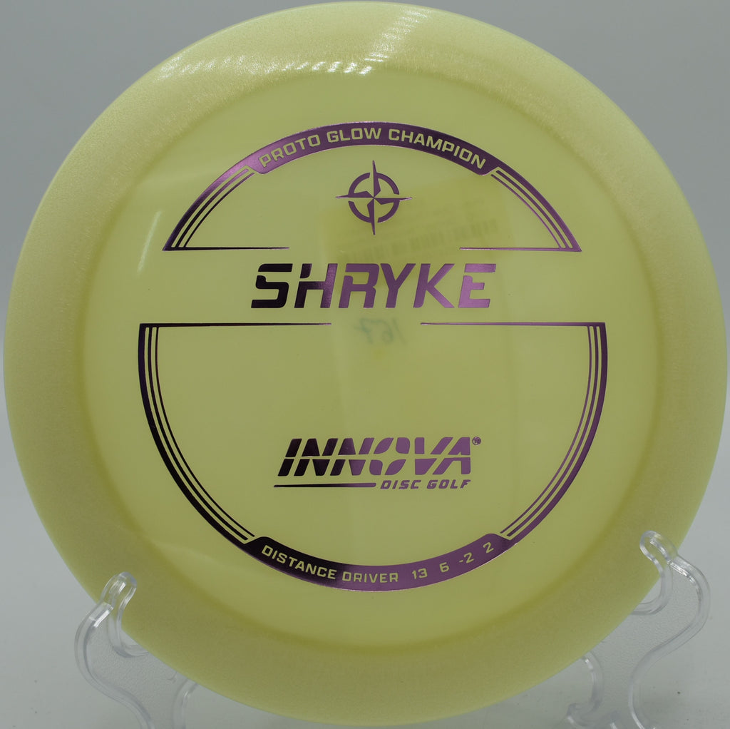 An Innova Proto Glow Shryke soaring through the night sky at Sunset Park Disc Golf Course in Las Vegas, Nevada, on a long-distance drive.