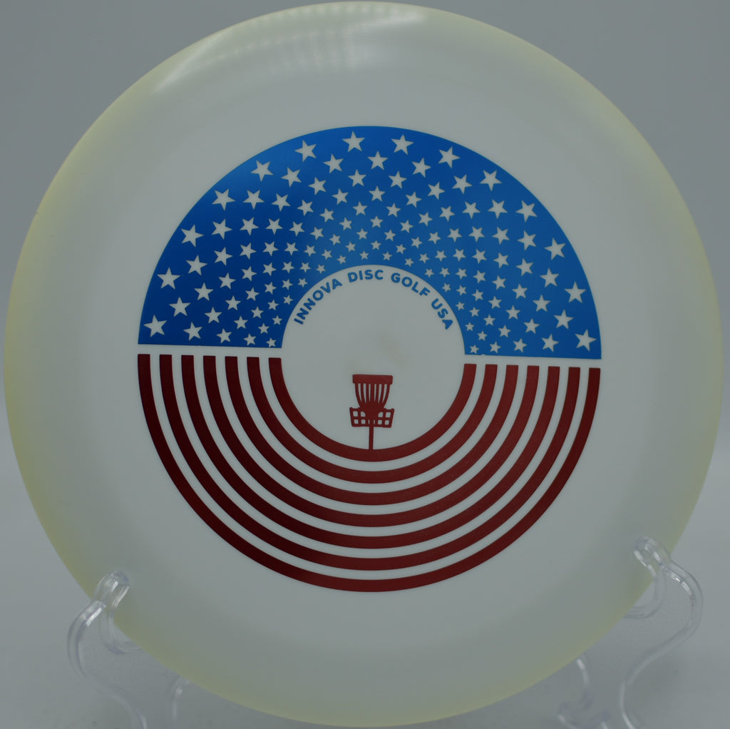 Innova Star Destroyer Stars and Stripes pre-McBeth penned edition distance driver launching patriotic hyzers at Winthrop Gold Disc Golf Course in Rock Hill, South Carolina.