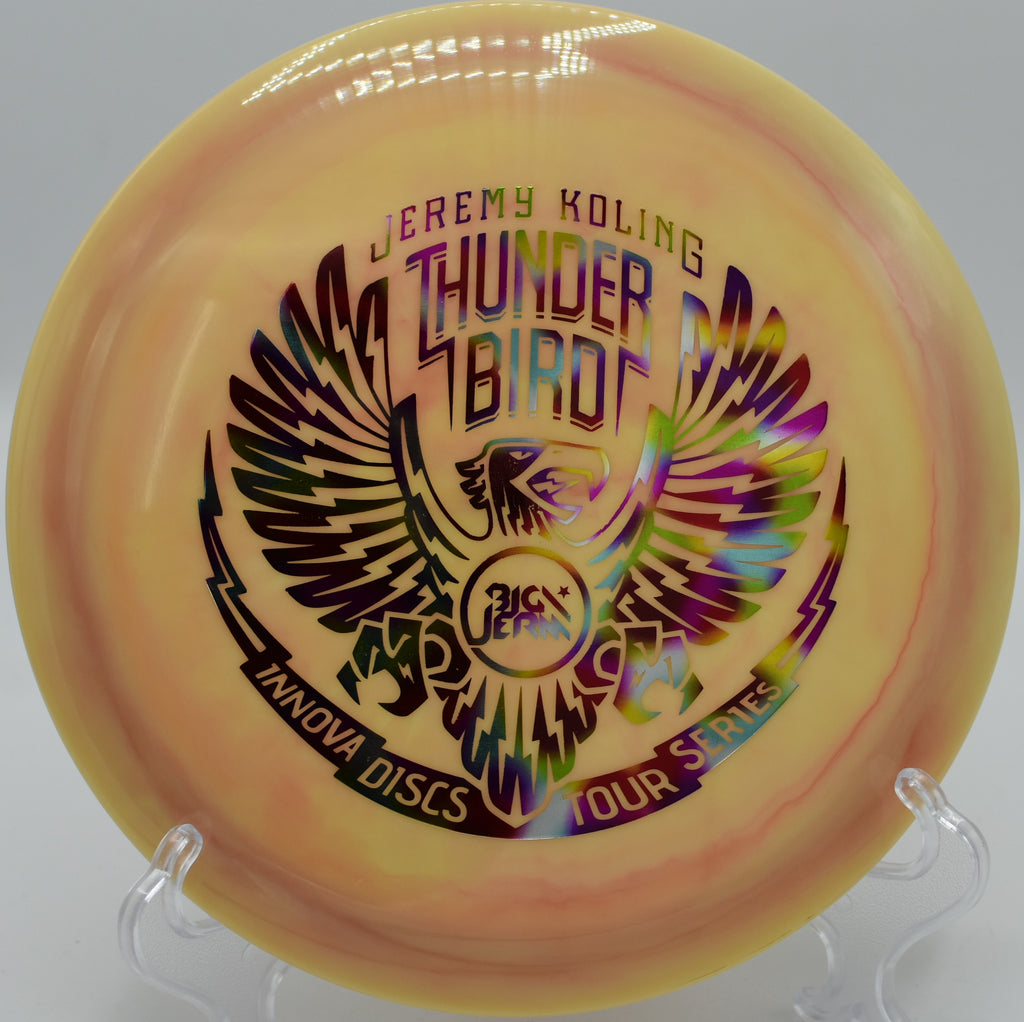 Koling Thunderbird fighting a headwind with a powerful fade on Hole 12 at Shadow Hills Disc Golf Course, Asheville, North Carolina.