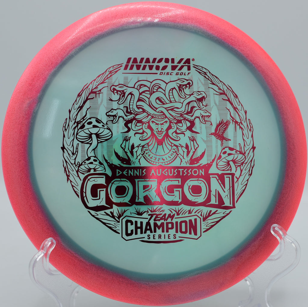 Innova Halo Champion Gorgon fairway driver flying with torque resistance at Shoaff Park disc golf course in Fort Wayne, Indiana

