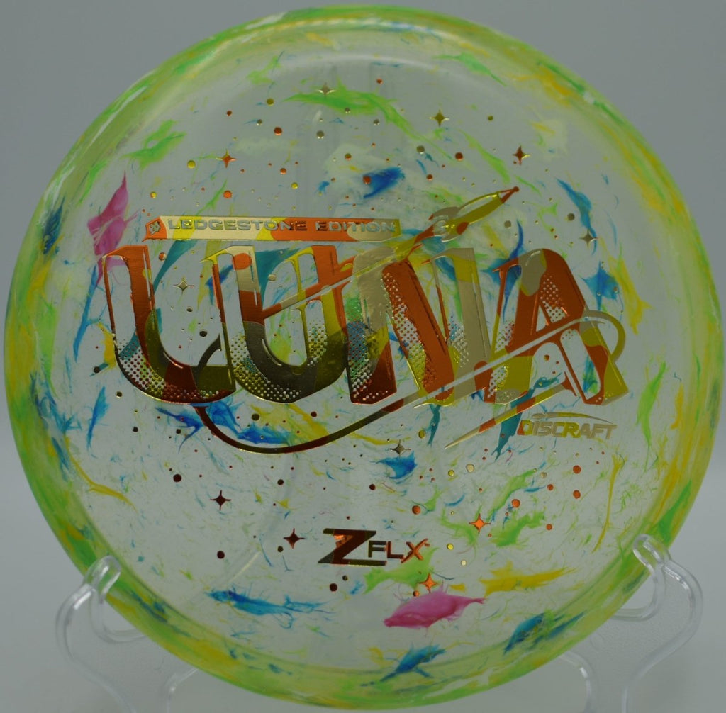 Flexible Jawbreaker Z Super Flx Luna putter shown mid-approach at Stafford Woods Disc Golf Course in Voorhees, New Jersey