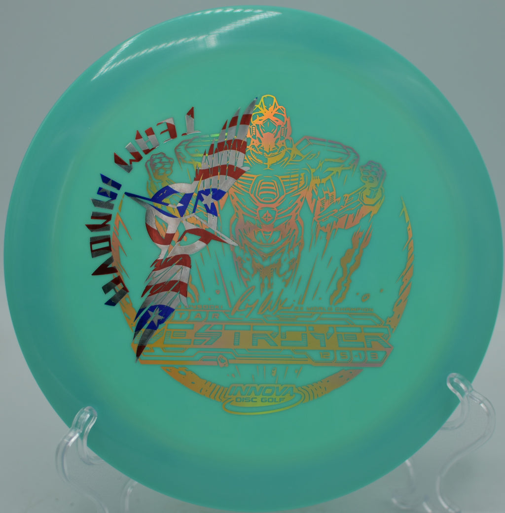 Innova Sockibot Star Destroyer Team Stamp distance driver ripping power forehands at Winthrop Gold Disc Golf Course in Rock Hill, South Carolina.