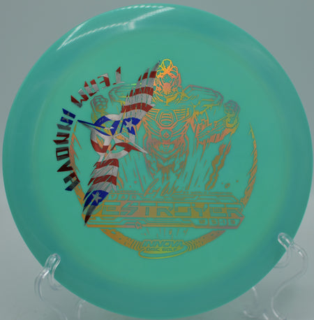 Innova Sockibot Star Destroyer Team Stamp distance driver ripping power forehands at Winthrop Gold Disc Golf Course in Rock Hill, South Carolina.