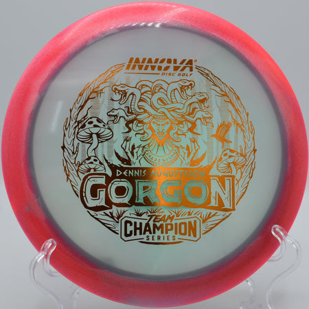 Close-up of Halo Champion Gorgon disc golf driver with two-tone rim at Sunset Park DGC in Las Vegas, Nevada


