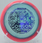 Innova Halo Gorgon resting near the basket after a controlled fairway shot at Tyler State Park in Newtown, Pennsylvania

