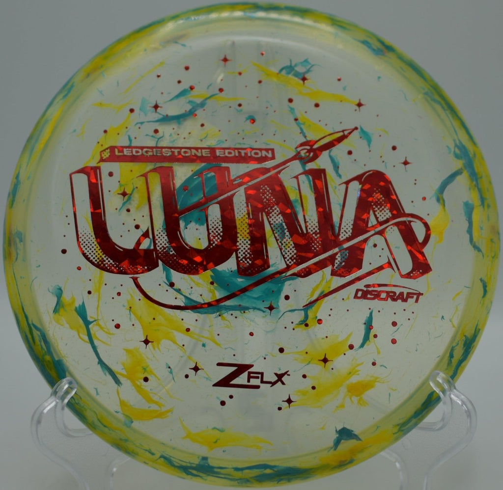 Jawbreaker Z Super Flx Luna stable putter showcased near the practice basket at Fountain Hills Disc Golf Course in Fountain Hills, Arizona