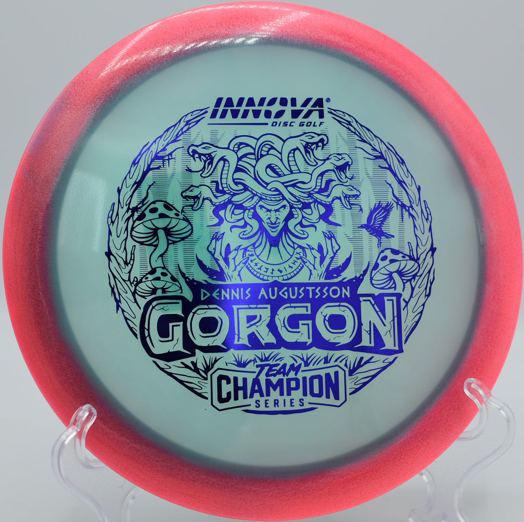 Gorgon in premium Halo Champion plastic displayed on a tee pad before windy round at Rocklin Disc Golf Course in California

