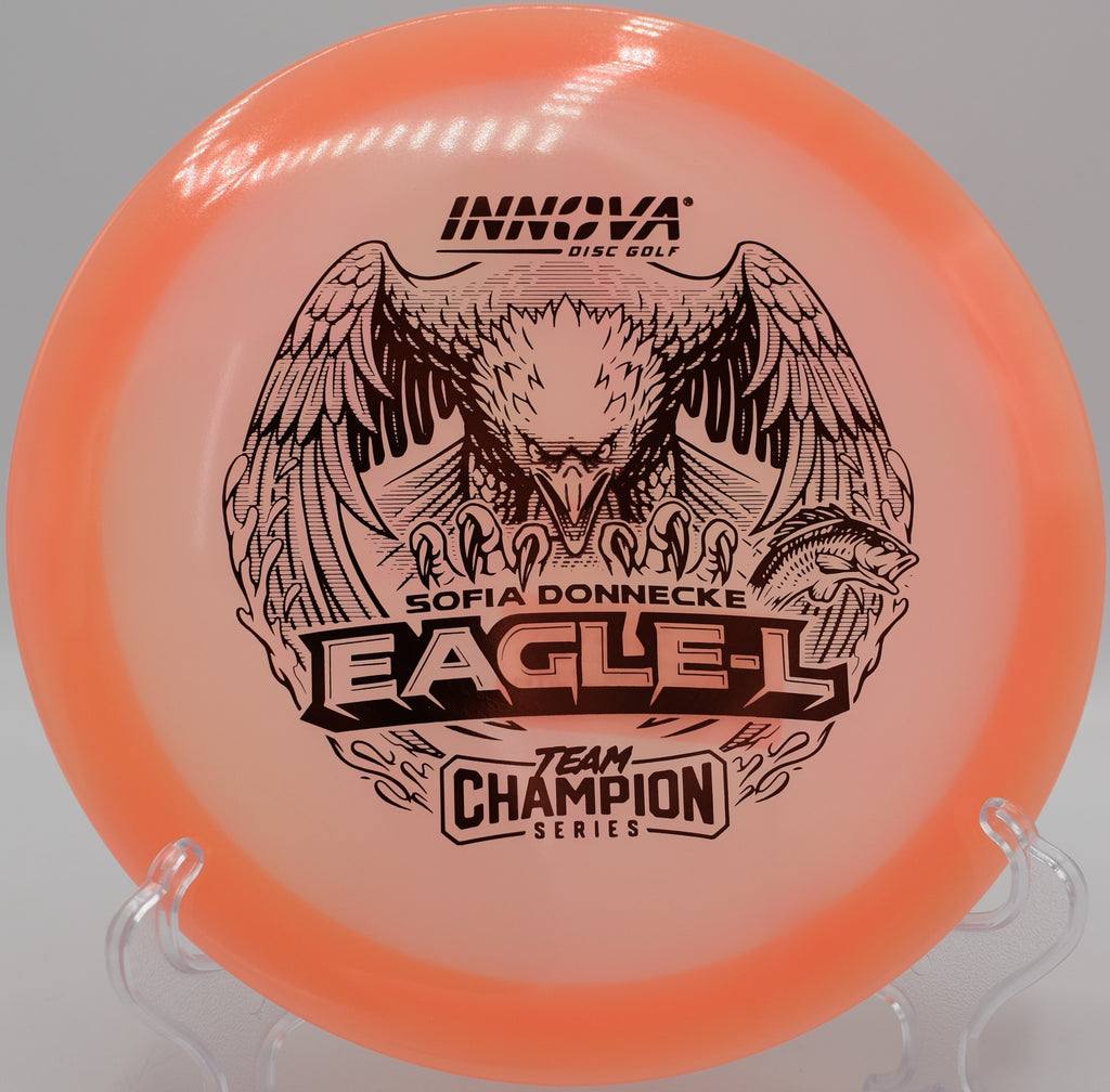 Proto Glow Eagle glowing brightly under UV flashlight before night round at Sunset Park DGC in Las Vegas, Nevada

