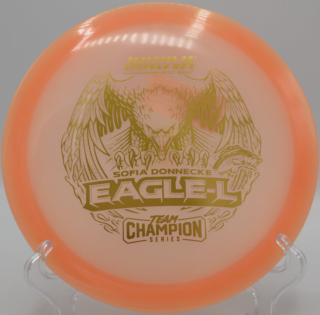 Innova Eagle in prototype glow plastic flying with consistent fade at Brandywine Creek disc golf course in Delaware

