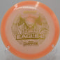 Innova Eagle in prototype glow plastic flying with consistent fade at Brandywine Creek disc golf course in Delaware

