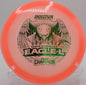 Glow-in-the-dark Proto Champion Eagle carving a hyzer line at Rocklin Disc Golf Course in California

