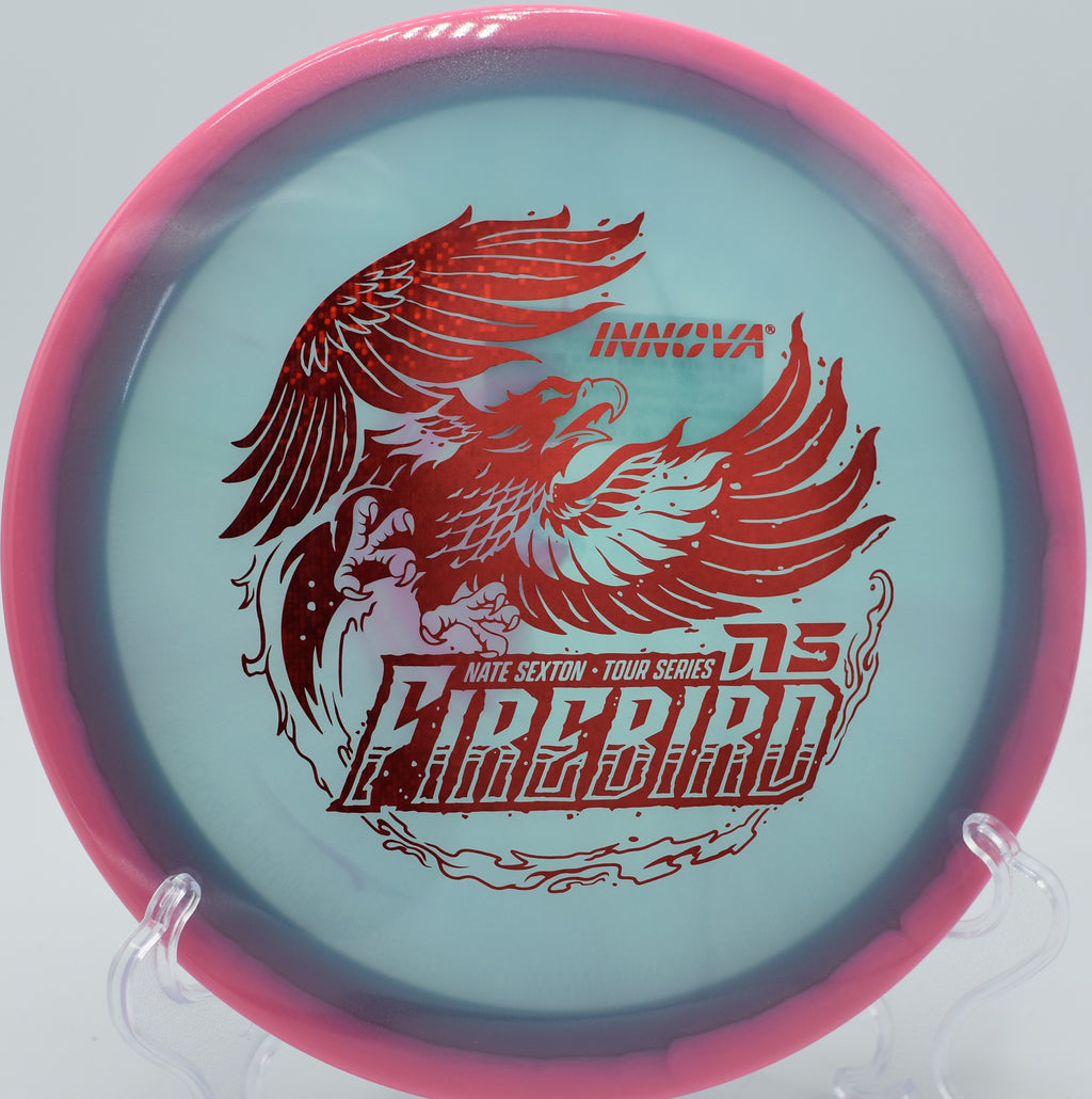 2025 Sexton Firebird drifting forward then dumping left on a power backhand at Rock Ridge DGC in Pittsboro, North Carolina.

