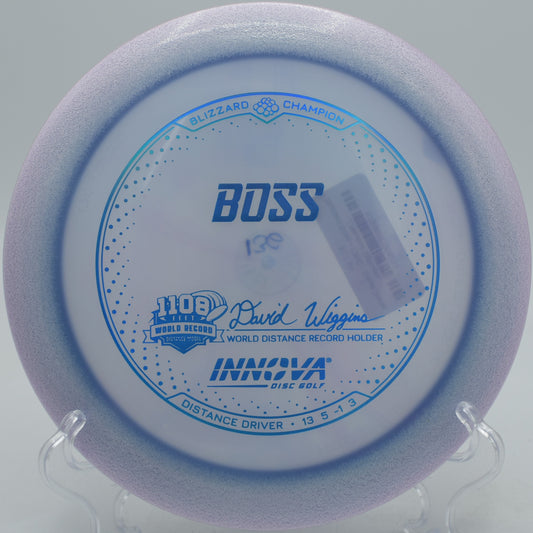 Blizzard Champion Boss launched for max distance at Selah Ranch Disc Golf Course in Talco, Texas