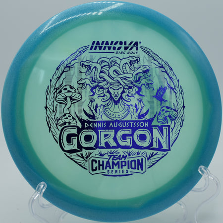 Proto Glow Halo Champion Gorgon bombing a max-distance drive on Hole 5 at Trophy Club Disc Golf Course, Trophy Club, Texas.