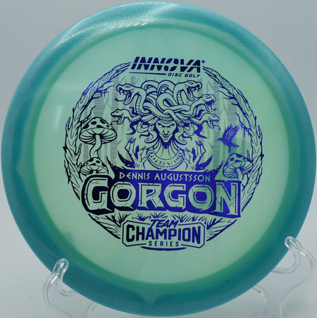 Innova Proto Glow Halo Champion Gorgon cutting through a crosswind on Hole 13 at Rolling Pines Disc Golf Course, Wilkesboro, North Carolina.