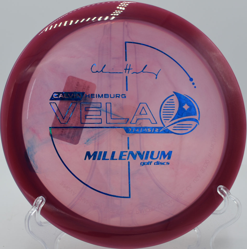 Calvin Heimburg-stamped Quantum Vela released forehand off the tee at Iron Hill Disc Golf Course in Newark, Delaware.

