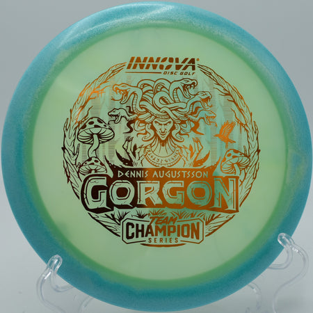 Innova Proto Glow Halo Champion Gorgon gliding effortlessly toward the green on Hole 18 at Panther Creek Disc Golf Course, Springfield, Illinois.