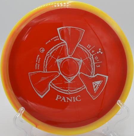 An Axiom Neutron Panic holding a straight flight before fading near the basket at Harmon Hills Disc Golf Course in Fall Branch, Tennessee.